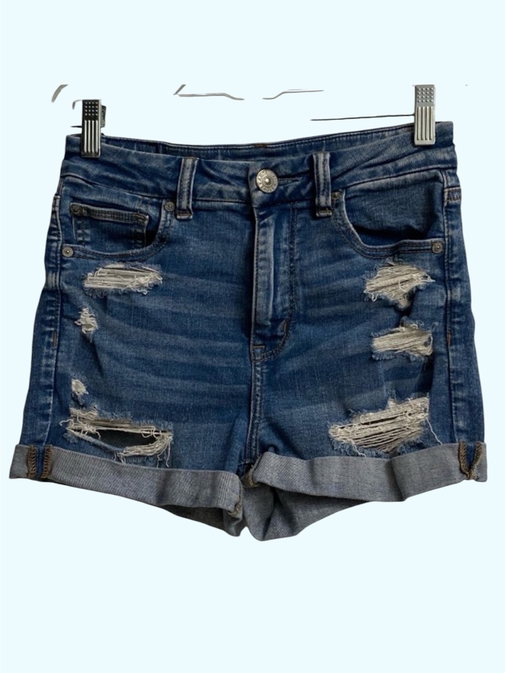 American Eagle Next Level Stretch Hi-Rise Shorts Sz 4 Shorties Distressed Ripped